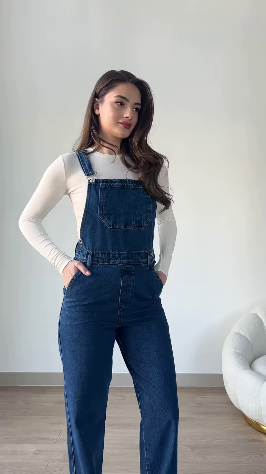 Stylish Denim Overalls with Long-Sleeved Top and Sneakers