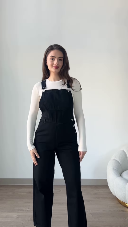 Stylish Denim Overalls with Long-Sleeved Top and Sneakers
