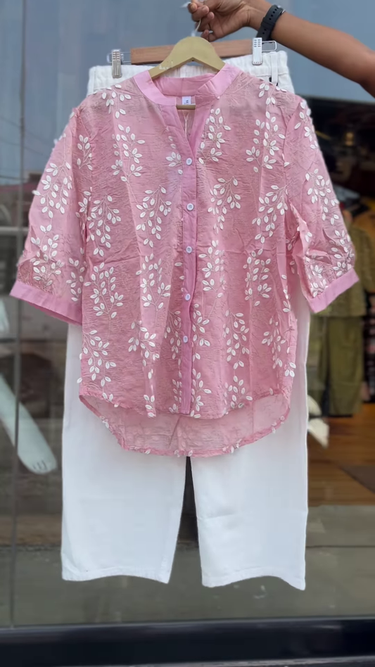 Pastel Pink Embroidered Shirt and White Pant Co-ord