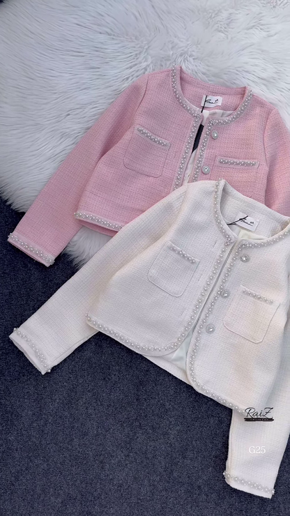 Pearl Trimmed Tweed Cropped Jacket – Luxe Parisian Chic for Every Occasion ✨💖