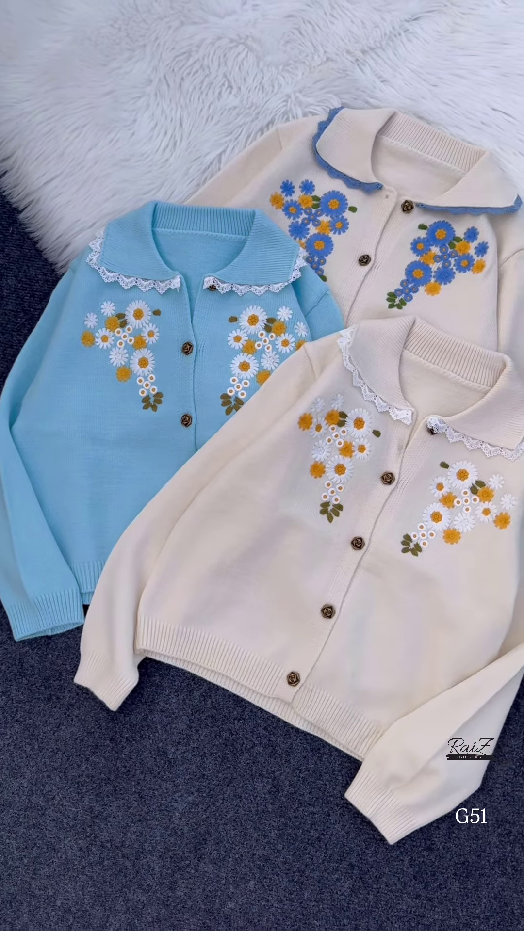 Embroidered Floral Collar Cardigans 🌼 Available in Cream, Light Blue & Lace-Trim Variants