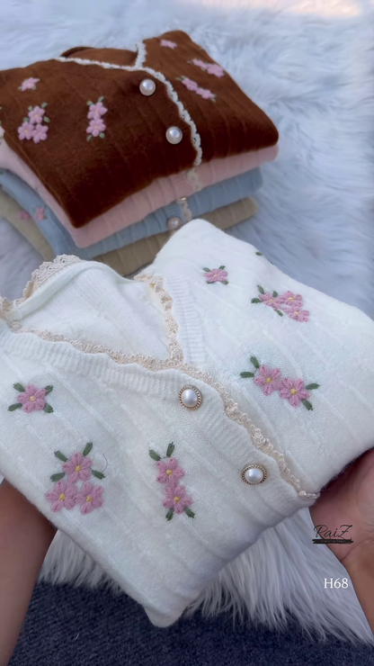 Lace-Trimmed Floral Embroidered Cardigans 🌷 Available in Pink, White & Brown