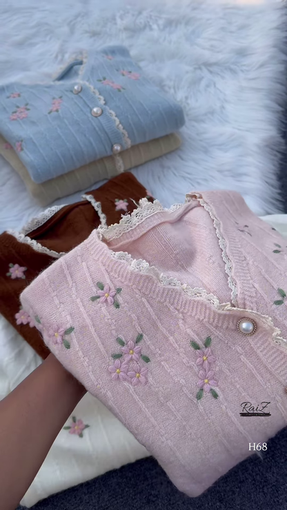 Lace-Trimmed Floral Embroidered Cardigans 🌷 Available in Pink, White & Brown