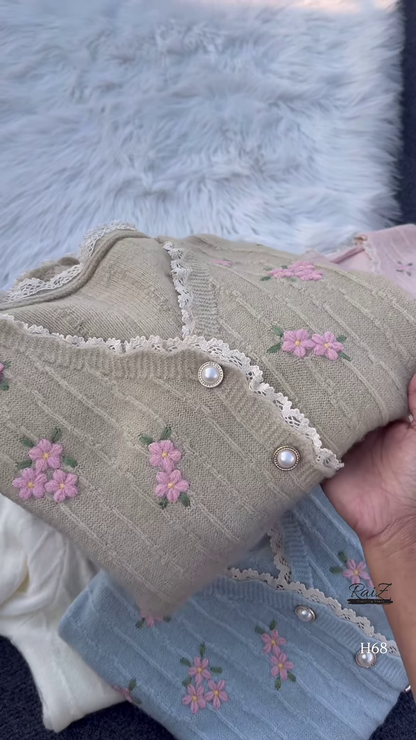 Lace-Trimmed Floral Embroidered Cardigans 🌷 Available in Pink, White & Brown