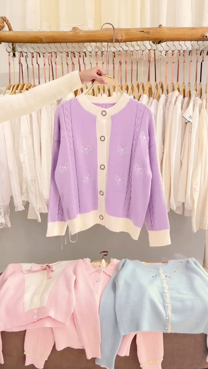 Lace-Trim Floral Embroidered Sweaters & Bow-Collar Buttoned Tops 🧥 Available in Blue & Pink