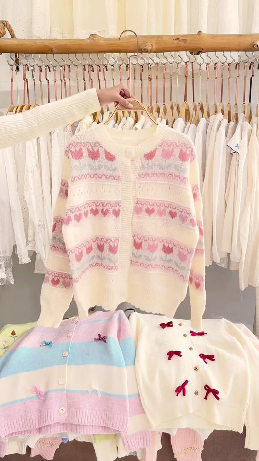 Lace-Trim Floral Embroidered Sweaters & Bow-Collar Buttoned Tops 🧥 Available in Blue & Pink