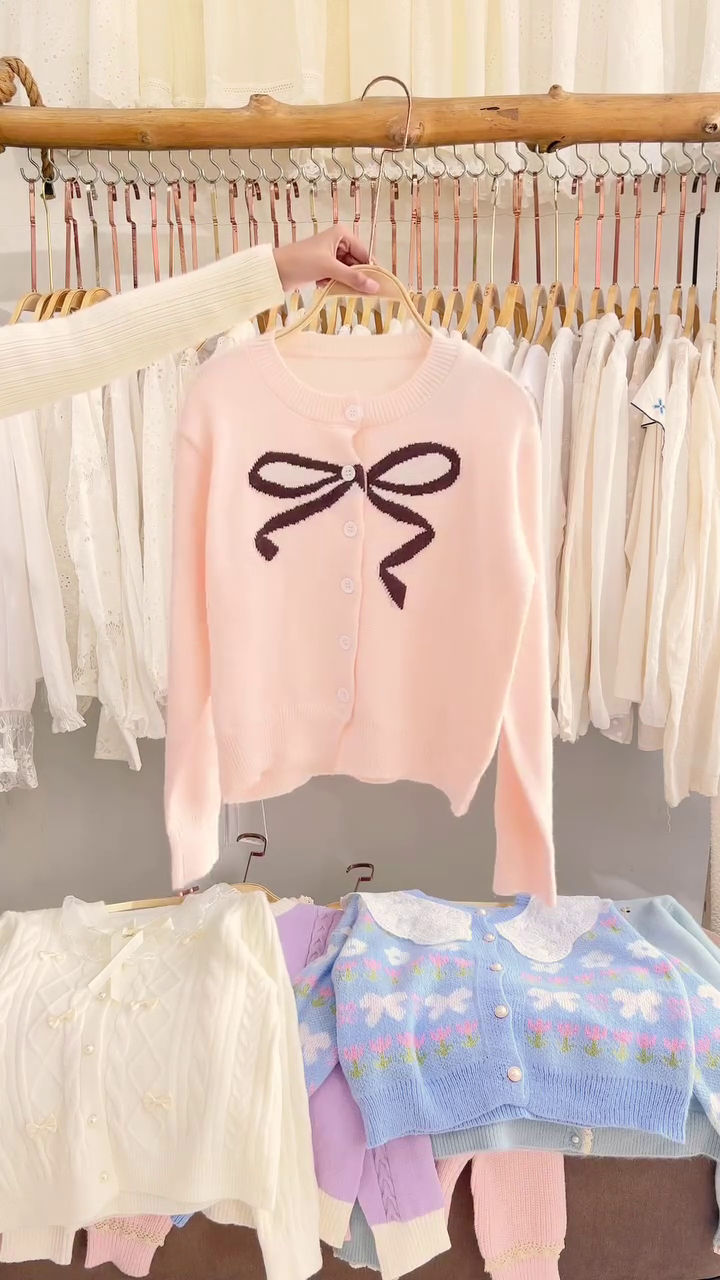 Lace-Trim Floral Embroidered Sweaters & Bow-Collar Buttoned Tops 🧥 Available in Blue & Pink