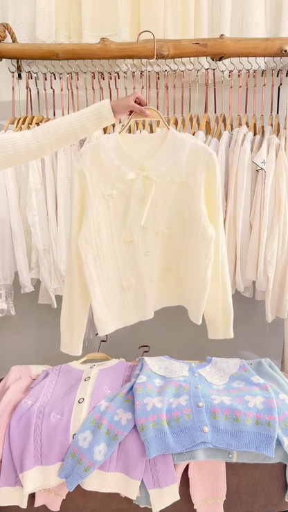 Lace-Trim Floral Embroidered Sweaters & Bow-Collar Buttoned Tops 🧥 Available in Blue & Pink