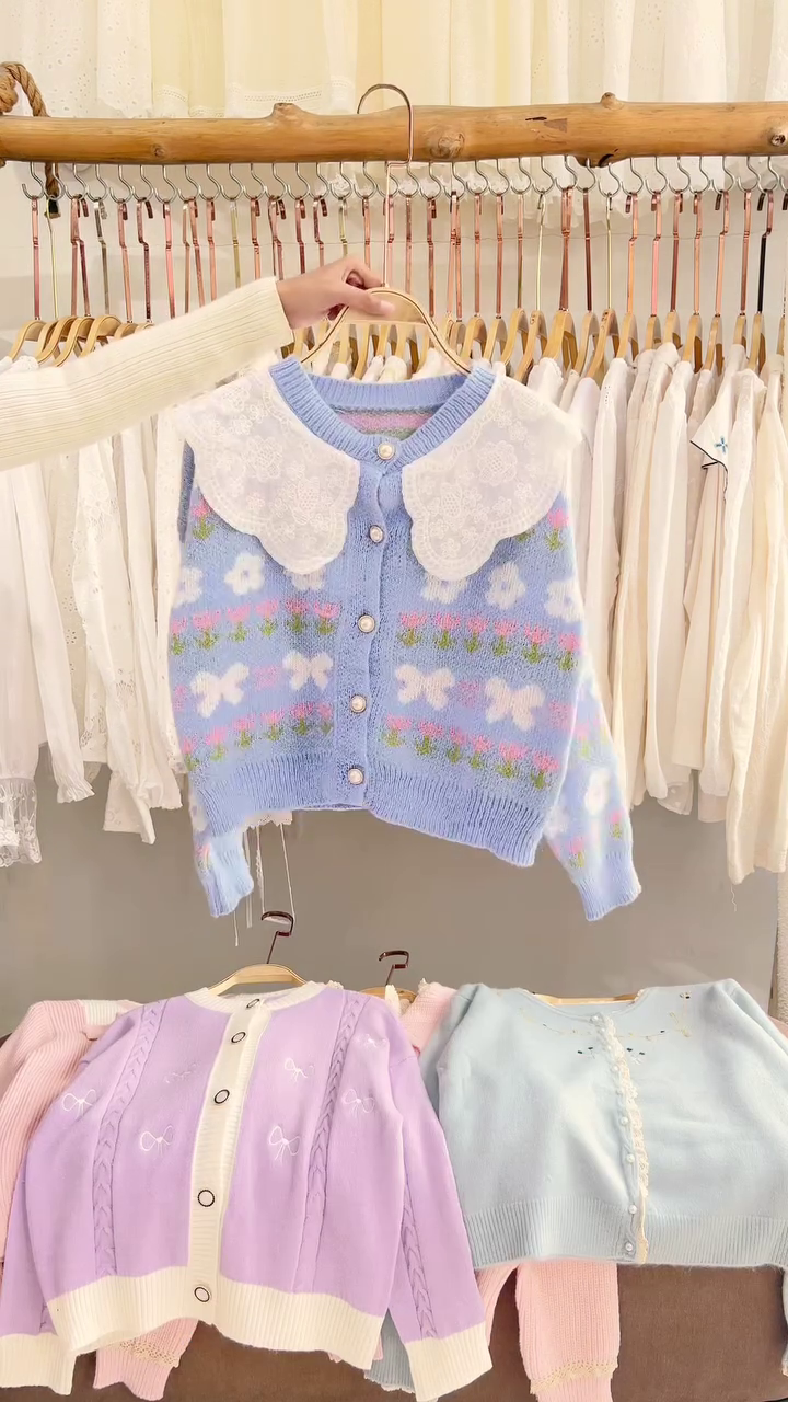 Lace-Trim Floral Embroidered Sweaters & Bow-Collar Buttoned Tops 🧥 Available in Blue & Pink