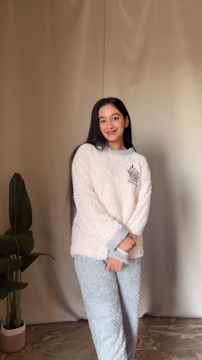 Fluffy Cartoon Co-ord Set 🐾 White Top & Blue Pants – Ultra Cozy Loungewear