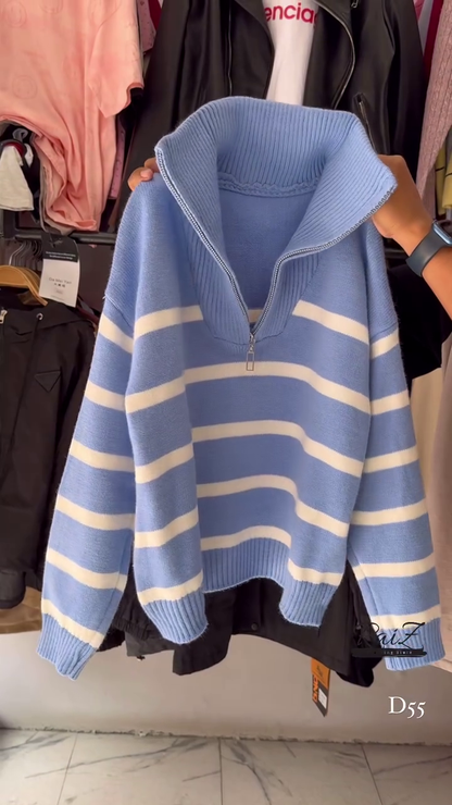 Striped Knit Sweater Collection 🧶 Half-Zip & Crew Styles – Cream, Blue, Red & More