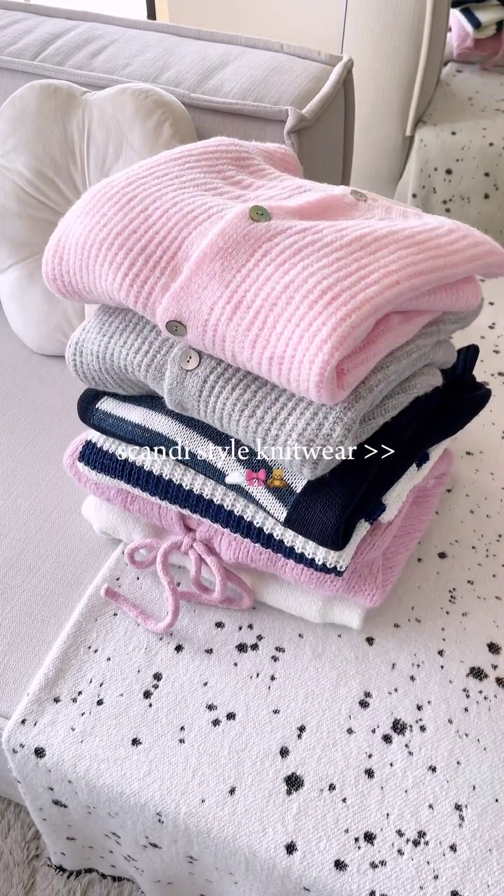 Scandi-Style Knitwear Stack 🧶 Ribbed Cardigans & Striped Sweaters – Pink, Grey, Navy & More