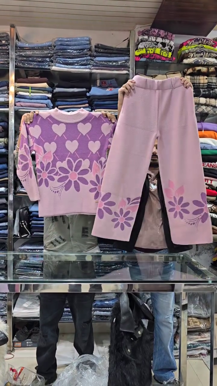 Floral Knit Co-ord Sets 🌸 Heart & Flower Patterns – Purple, Green & Pink Variants