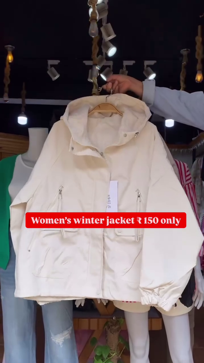 Women’s Black Winter Jacket 🖤 Hooded Zip-Up with Pockets – Cozy & Minimal