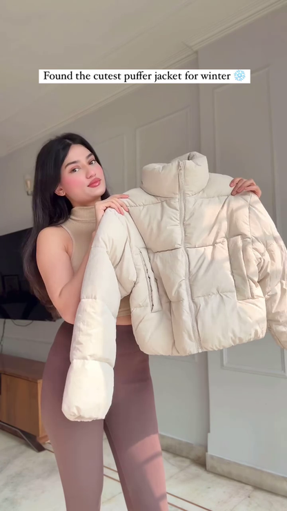 Beige Puffer Jacket Look 🤍 with Brown Leggings – Soft & Stylish Winterwear