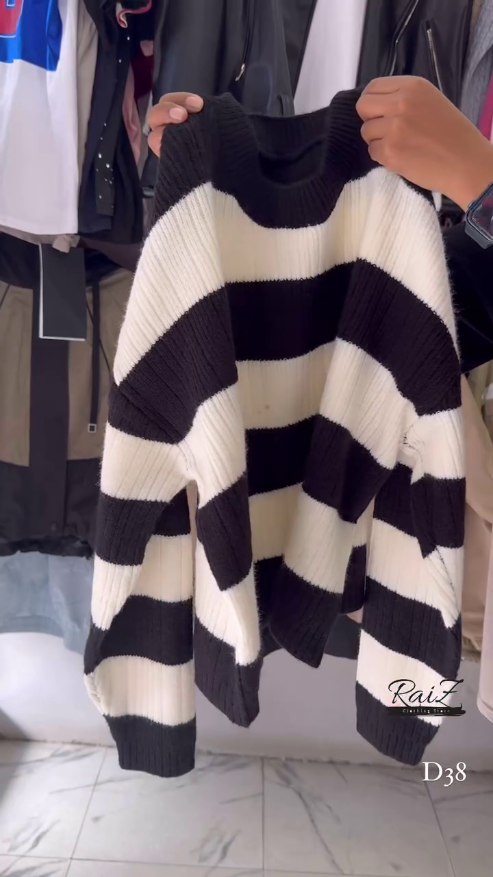 Ribbed Stripe Knit Sweaters 🧶 Horizontal Pattern – Black, Brown, Gray & Pink Variants