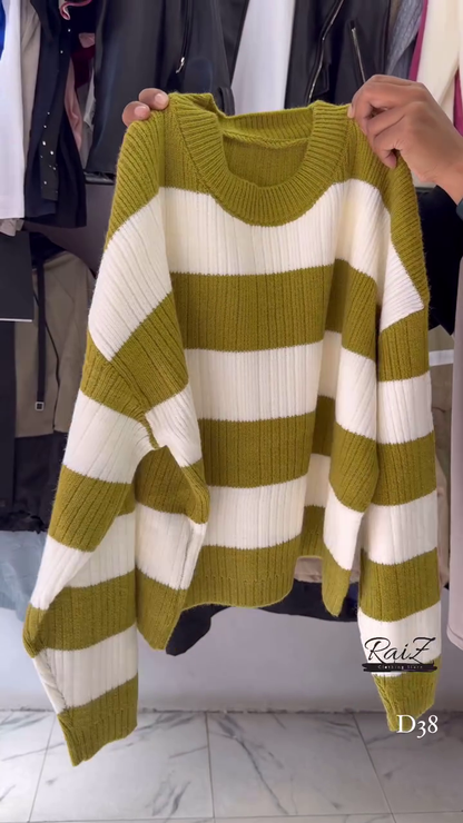 Ribbed Stripe Knit Sweaters 🧶 Horizontal Pattern – Black, Brown, Gray & Pink Variants