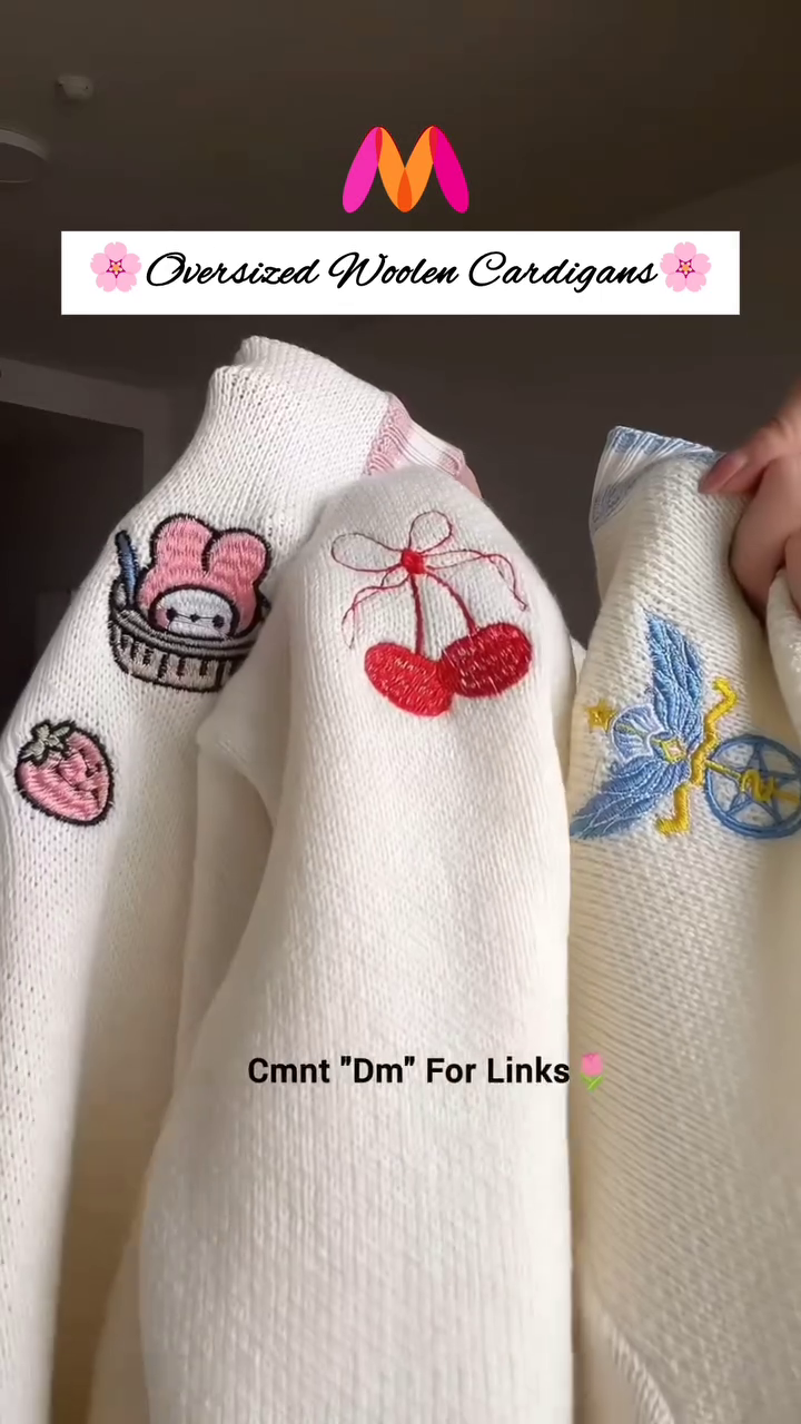 Oversized Woolen Cardigan 🧵💙 With Bow Pockets & Emblem Detail – White & Blue Variant