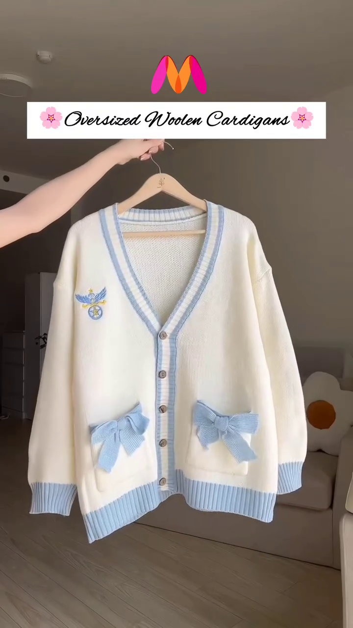 Oversized Woolen Cardigan 🧵💙 With Bow Pockets & Emblem Detail – White & Blue Variant