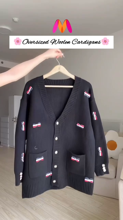 Oversized Woolen Cardigan 🧵💙 With Bow Pockets & Emblem Detail – White & Blue Variant