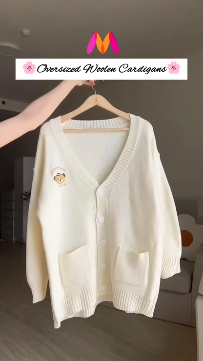 Oversized Woolen Cardigan 🧵💙 With Bow Pockets & Emblem Detail – White & Blue Variant