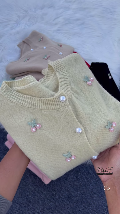 Cherry Embroidered Knit Cardigans 🍒🧶 With Pearl Buttons – Beige, Mint, Red & White Variants