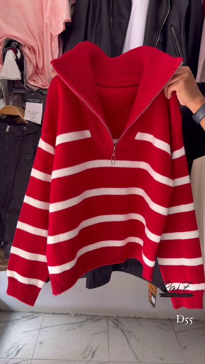 Half-Zip Striped Knit Sweaters 🧶⛷ With High Collar – Red, White & Blue Variants