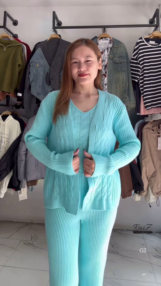 Textured Knit Co-ord Sets 🧶🩶 With Cardigans & V-Neck Sweaters – Black, Blue & Grey Variants