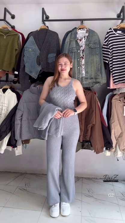 Textured Knit Co-ord Sets 🧶🩶 With Cardigans & V-Neck Sweaters – Black, Blue & Grey Variants