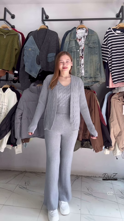 Textured Knit Co-ord Sets 🧶🩶 With Cardigans & V-Neck Sweaters – Black, Blue & Grey Variants