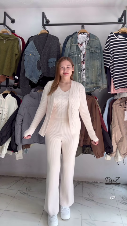 Textured Knit Co-ord Sets 🧶🩶 With Cardigans & V-Neck Sweaters – Black, Blue & Grey Variants