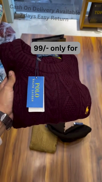 Cable-Knit Sweater Collection 🧶🍂 With Folded Display – Black, Mustard, Maroon & Brown Variants