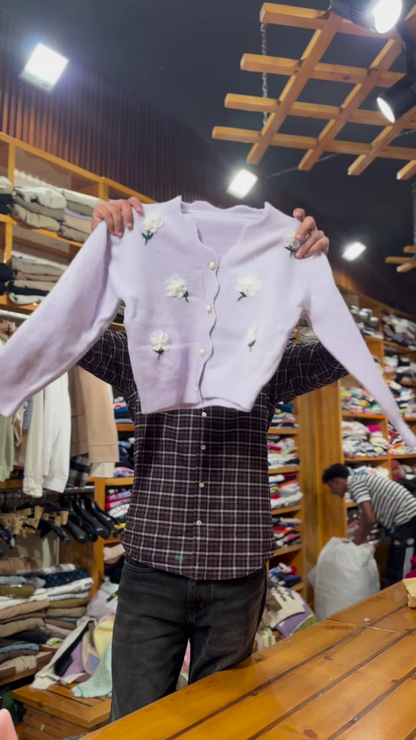 Floral Embroidered Knit Cardigans 🌸🧶 With Pearl Buttons – Purple, Blue & Pink Variants