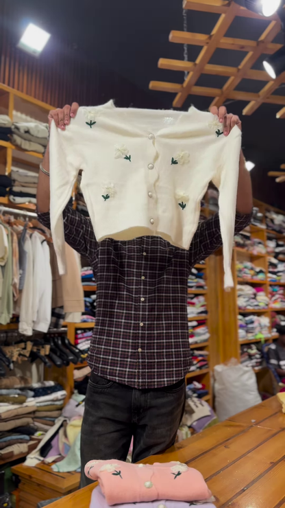 Floral Embroidered Knit Cardigans 🌸🧶 With Pearl Buttons – Purple, Blue & Pink Variants