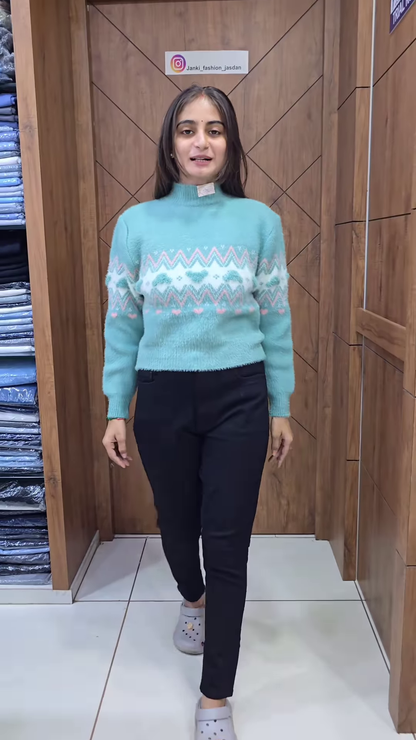 Graphic Pattern Knit Sweaters 🧶💖 With Heart & Geometric Motifs – Pink & Blue Variants