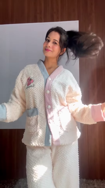 Plush & Fuzzy Co-ord Sets 🧸❄️ With Embroidery & Pastel Charm – Blue, Strawberry & Dog Variants