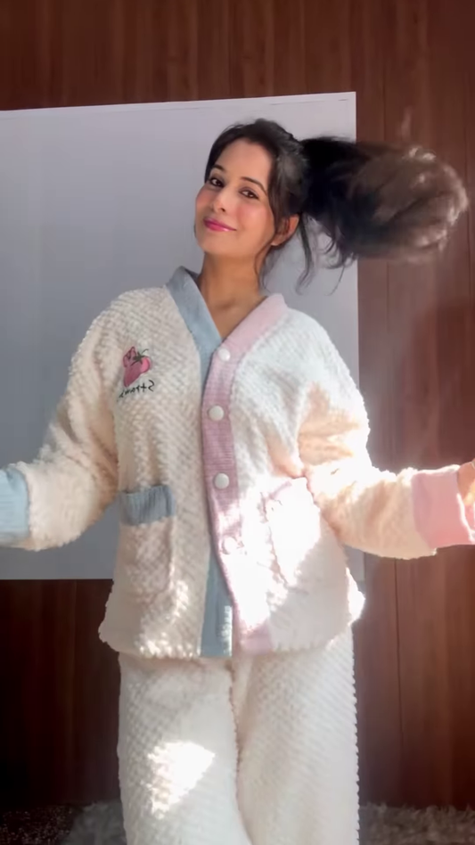 Plush & Fuzzy Co-ord Sets 🧸❄️ With Embroidery & Pastel Charm – Blue, Strawberry & Dog Variants