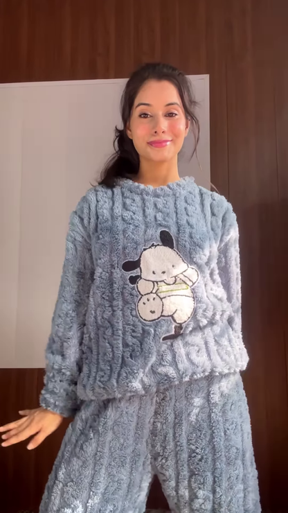 Plush & Fuzzy Co-ord Sets 🧸❄️ With Embroidery & Pastel Charm – Blue, Strawberry & Dog Variants