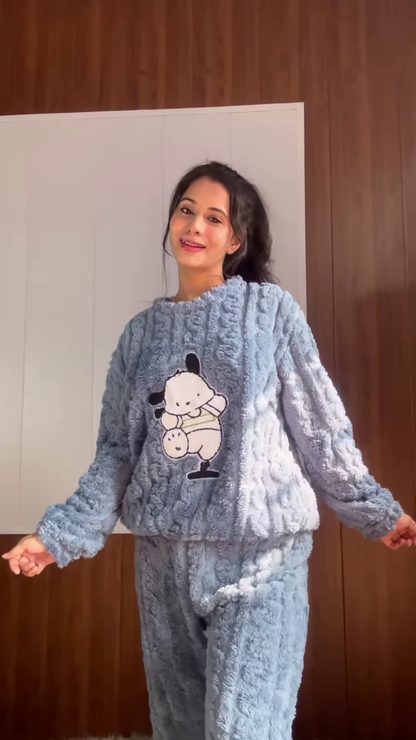 Plush & Fuzzy Co-ord Sets 🧸❄️ With Embroidery & Pastel Charm – Blue, Strawberry & Dog Variants