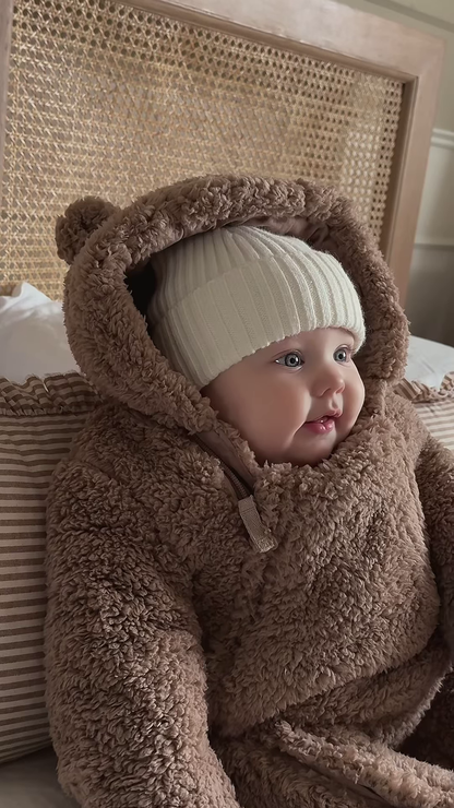 Plush Bear-Hooded Doll Outfit 🧸🛏 With Furry Texture & Ear Detail – Brown Variant