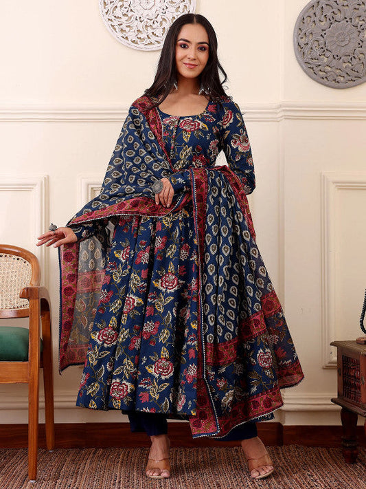Floral Printed Anarkali Kurta With Trousers And Dupatta