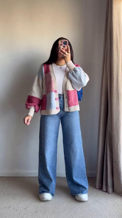 Color-Block Pastel Cardigans 🧥🎨 – Soft Knit Layers in Pink-Blue, Purple-Beige & Orange-Mustard Variants