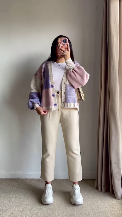 Color-Block Pastel Cardigans 🧥🎨 – Soft Knit Layers in Pink-Blue, Purple-Beige & Orange-Mustard Variants