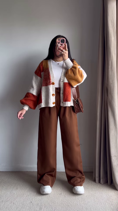 Color-Block Pastel Cardigans 🧥🎨 – Soft Knit Layers in Pink-Blue, Purple-Beige & Orange-Mustard Variants