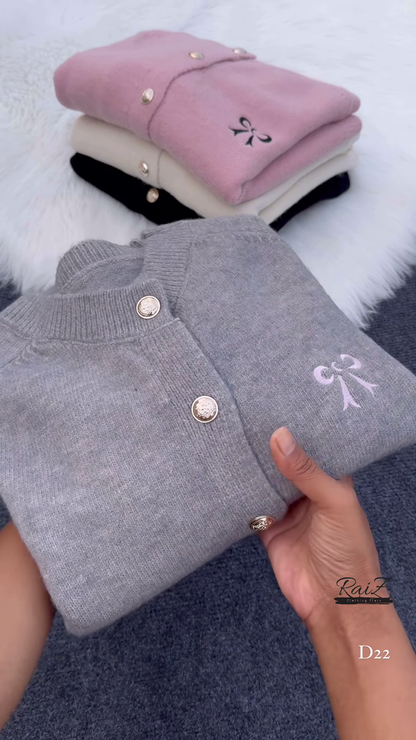 Bow-Embroidered Pearl Button Cardigans 🧥🎀 – Soft Knit Layers in Cream, Black, Pink & Gray Variants