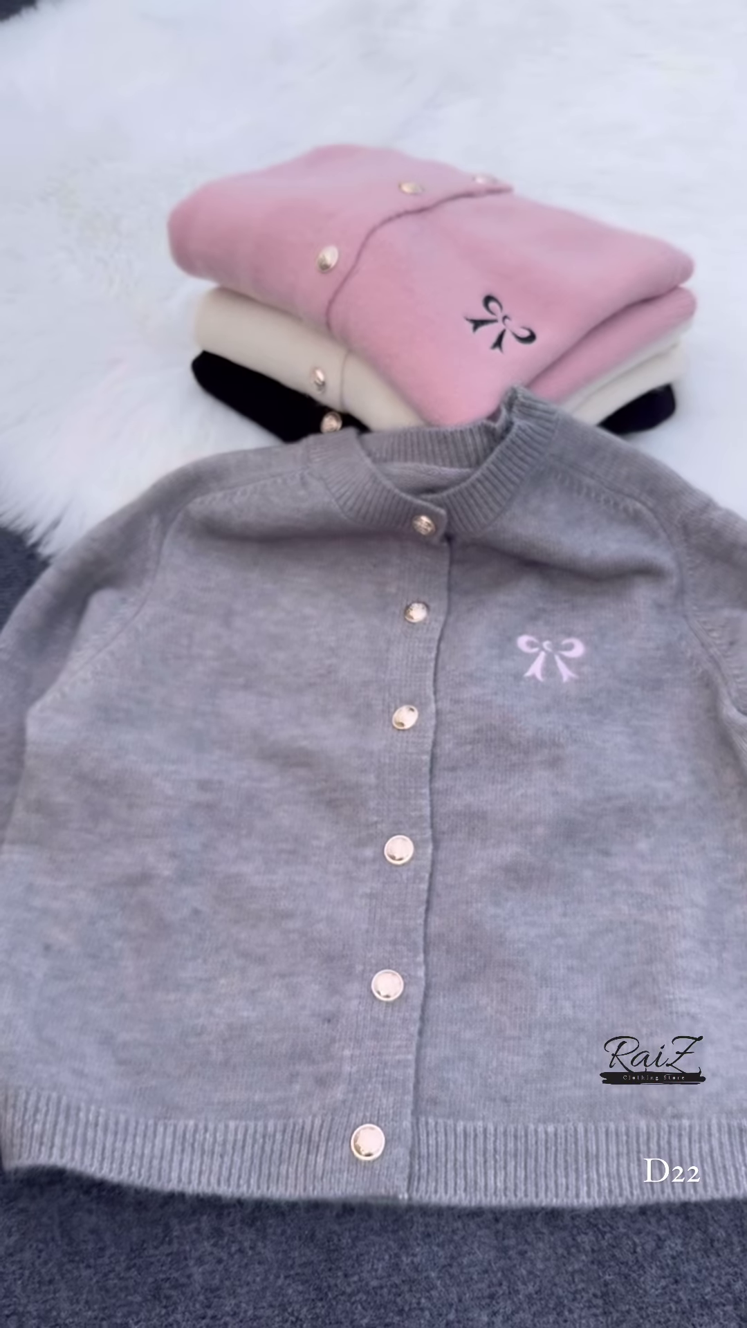 Bow-Embroidered Pearl Button Cardigans 🧥🎀 – Soft Knit Layers in Cream, Black, Pink & Gray Variants