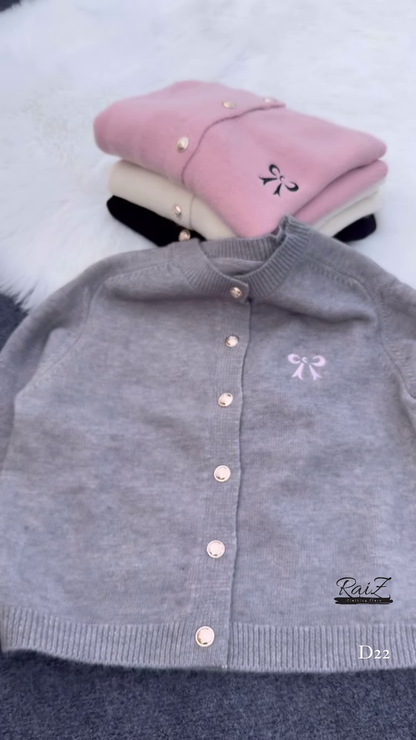 Bow-Embroidered Pearl Button Cardigans 🧥🎀 – Soft Knit Layers in Cream, Black, Pink & Gray Variants