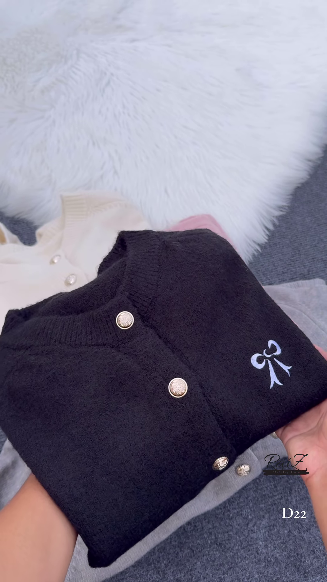 Bow-Embroidered Pearl Button Cardigans 🧥🎀 – Soft Knit Layers in Cream, Black, Pink & Gray Variants