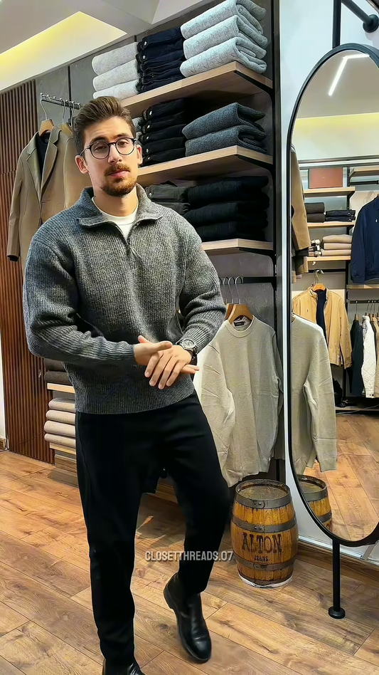 Zip-Up Knit Sweater 🧥🪞 – Soft Grey Layer with Black Pants Styling in Store Visual