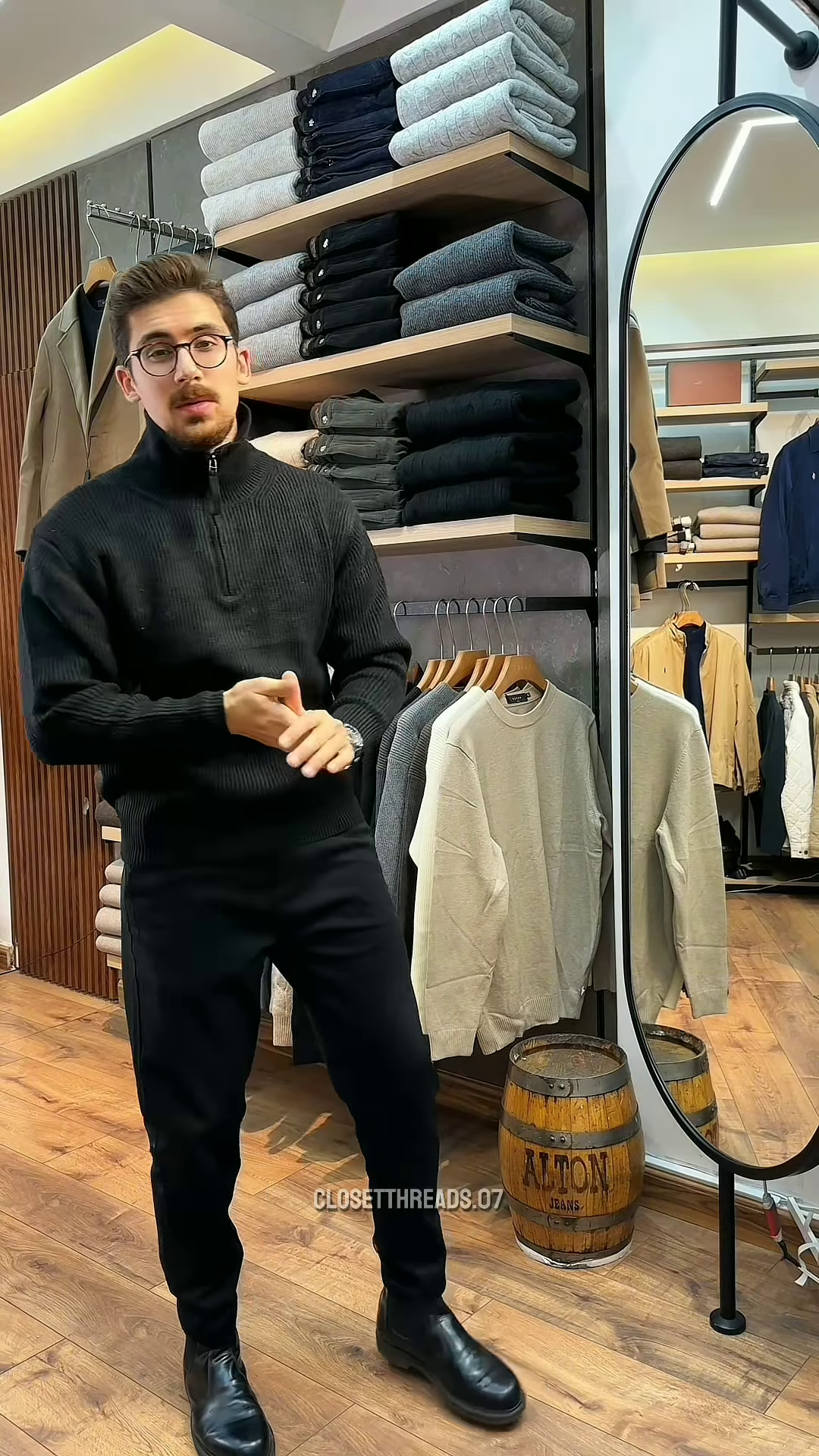 Zip-Up Knit Sweater 🧥🪞 – Soft Grey Layer with Black Pants Styling in Store Visual